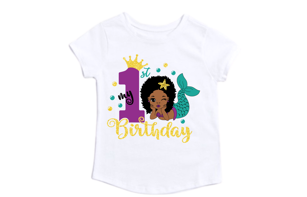 Afro American Mermaid Glitter Birthday Shirt Girl/Mermaid Birthday T-shirt