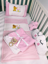 Load image into Gallery viewer, Baby Girl Bear Crib Bedding Set/Crib Bedding Set Girl/ Nursery Set/Bear Rattle/Blanket
